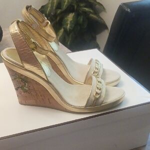 Coach Gold and Tan Wedge Sandals